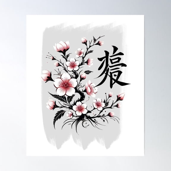 Cherry Blossom Kanji Style Poster Wall Art, Modern Wall Decor For Living Room Bedroom, 8x12 UNFRAMED