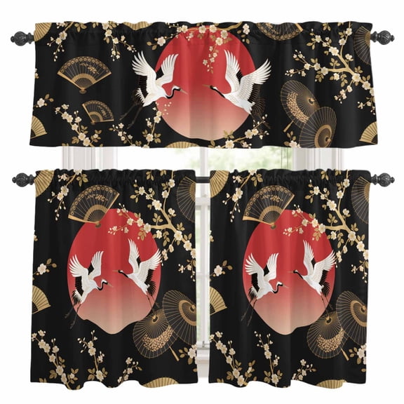 Cherry Blossom Kitchen Curtains Sets for Windows 24 Inch Length, Harmony Crane Red Moon Paper Fan Rod Pocket Window Treatments Tier Curtains and Valances Set for Bedroom/Bathroom