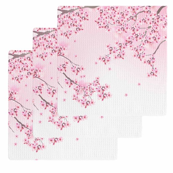Cherry Blossom Kitchen Dish Towels for Drying Dishes Set of 3, Gradient Tree Pink Flower Plant Waffle Weave Microfiber Hand Tea Bathroom Towels Quick Dry & Absorbent Towel 12x12