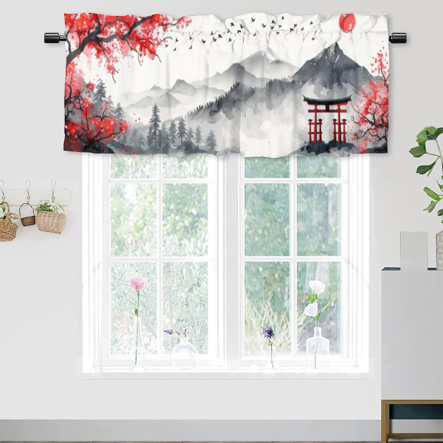 Chinese Pattern Valances Cherry Blossom Kitchen Valance Curtains Asian Pink Flowers Mountain ...