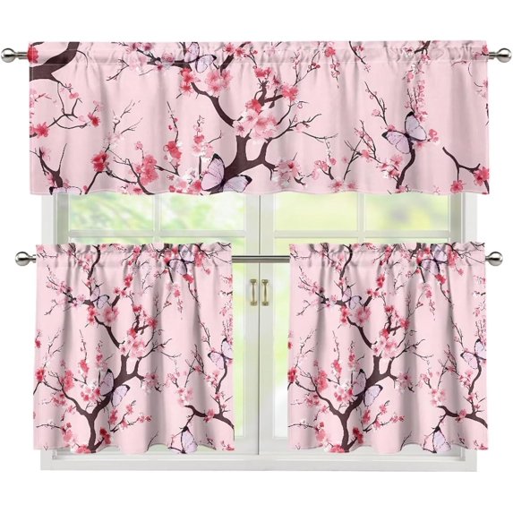 Cherry Blossom Kitchen Window Tier Curtains and Valance 3 Pieces Set Window Valances Rod Pocket Panels Privacy Cafe Curtains Bedroom Short Window Treatment Farmhouse Decor