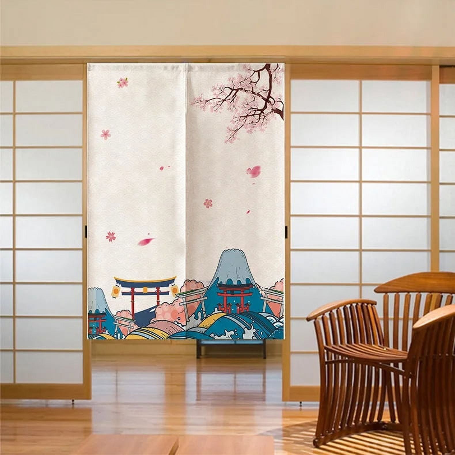 Japanese Noren Crane Door Curtain – Cotton Linen, 80x120cm, Multicolor, Vintage Style Room Divider