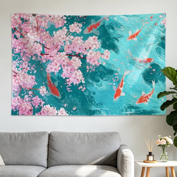 Cherry Blossom Koi Fish Pond Wall tapestry, Large size Printed Horizontal Tapestry blanket, Polyester Fabric Wall Hanging for living room, bedroom, No Installation Required, Indoor, Outdoor, Gift for