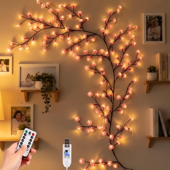 Cherry Blossom LED Lights for Wall Decor, 144 LED 7.55 FT Willow Vine Twig Garland with Remote Control, 8 Lighting Modes, Indoor Outdoor Christmas Decoration for Window Door Party Wedding