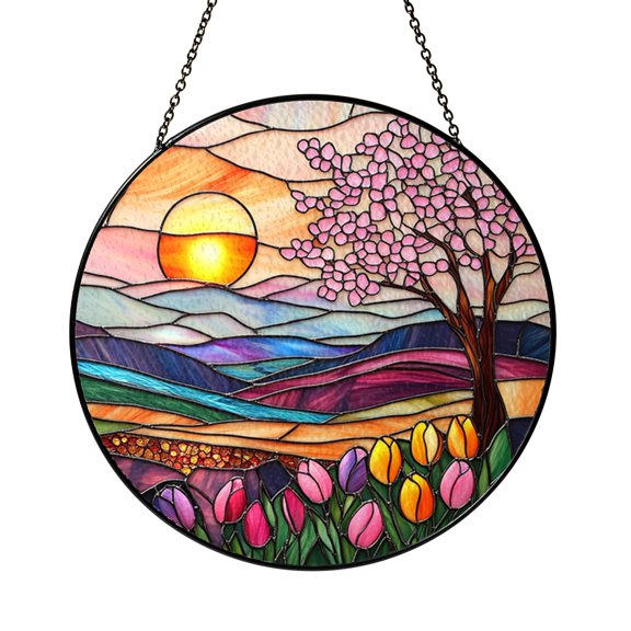 Cherry Blossom Landscape Sun Catcher Stained Glass Style Round Spring Window Panel