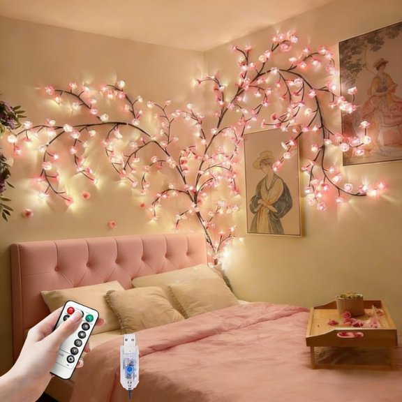 Cherry Blossom Lights for Bedroom Wall Decorations,4 FT 48 LED Cherry Blossom Decor,2026 New Dimmable Light-Up Pink Bedroom Decor with Remote Timer,8 Lighting Modes,Romantic Gifts for Her