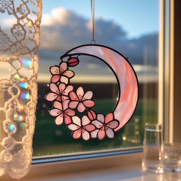 Cherry Blossom Moon Acrylic Suncatcher, Sakura Flower Window Hanging, Crescent Flower Sun Catcher, Faux Stained Glass Spring Decor