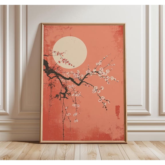 Cherry Blossom Moon Poster Japanese Floral Minimalist Art Peach and Cream Print 8x12 UNFRAMED