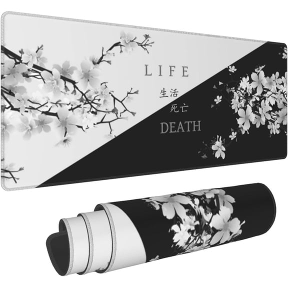 Cherry Blossom Mouse Pad Black and White Gaming Mouse Pad XL Long Mouse Pads Extended Large Mouse Mat Desk Pad Stitched Edges Non-Slip Rubber Base 31.5 X 11.8 Inch Mice Pad