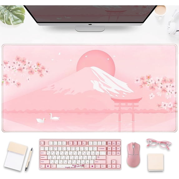Cherry Blossom Mouse Pad Kawaii Pink Floral Desk Mat, Japanese Pastel Sakura Large Anime Gaming Mousepad XXL, Cute Aesthetic Mount Fuji Japan Keyboard Mats for Women Office Desk Pads 31.5"x15.75"