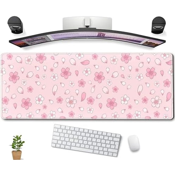 Cherry Blossom Mouse Pad Kawaii Pink XL Large Extended Gaming Desk Mat Cute Pastel Anime Desk Pad Aesthetics Laptop Keyboard Mouse Mat Women Office Decor Mousepad with Stitched Edges 31.5''x11.8''