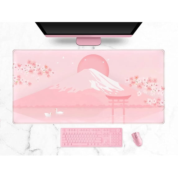 Cherry Blossom Mouse Pad Pink Floral Mousepad Extended Gaming Mouse Pads Full Desk Coverage Mouse Mats Japanese Fuji Landscape Aesthetics Non-Slip Mouse Pad Large Mice Pad XXL 31.5"x15.75"