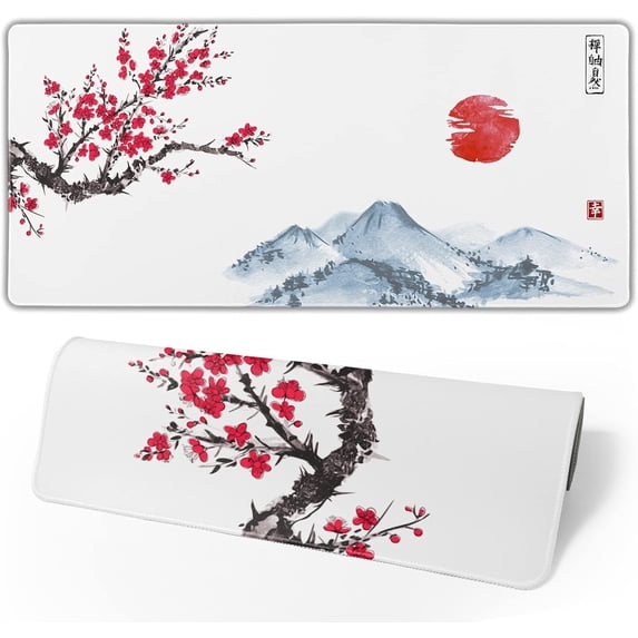 Cherry Blossom Mouse Pad XXL- 35.4×15.74 Inch Pink White Full Desk Watercolor Sunset Japanese Sakura Mousepad Extended Large Non-Slip Rubber Base Mouse Mat with Stitched Edges for Gaming and Office