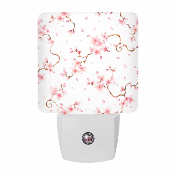 Cherry Blossom Night Light, Rustic Oriental Pink Floral Bud Petal Flower Branch Plug in Night Lights with Dusk to Dawn Sensor, Energy Saving White LED Nightlight for Bedroom Bathroom, Auto On/Off