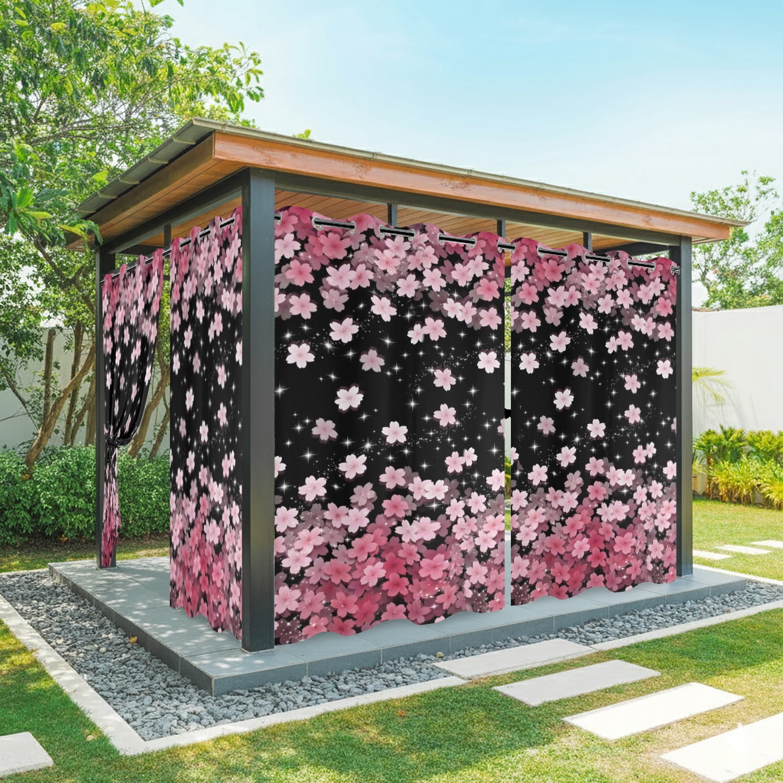 Cherry Blossom Outdoor Curtains for Patio, Pink Gradient Floral Botanical Sunshade Privacy Drapes Grommet Waterproof Outside Curtains for Porch/Cabana/Balcony 54"x 108", 1 Panel