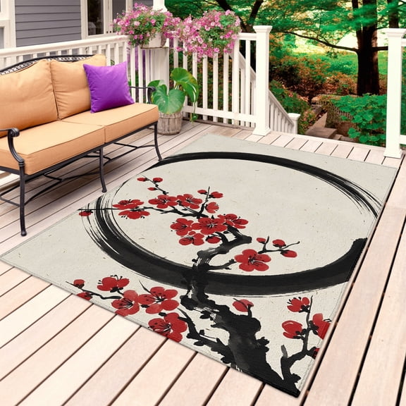 Cherry Blossom Outdoor Rug for Patio/Deck/Porch, Non-Slip Large Area Rug 4 x 6 Ft, Asian Japanese Red Plum Flower Retro Beige Indoor Outdoor Rugs Washable Area Rugs, Camping Rug Carpet Runner