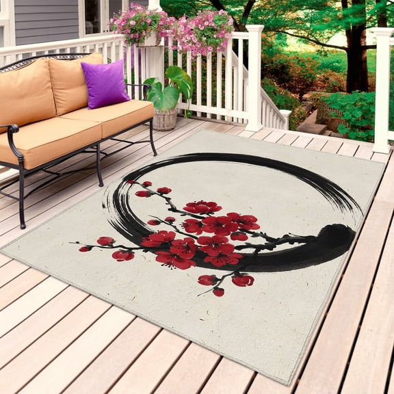 Cherry Blossom Outdoor Rug for Patio/Deck/Porch, Non-Slip Large Area Rug 4 x 6 Ft, Japanese Red Plum Flower Oriental Retro Art Indoor Outdoor Rugs Washable Area Rugs, Camping Rug Carpet Runner