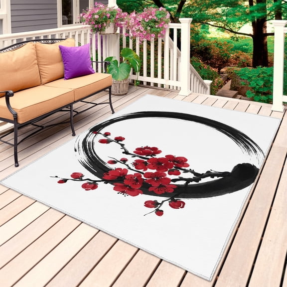Cherry Blossom Outdoor Rug for Patio/Deck/Porch, Non-Slip Large Area Rug 6 x 9 Ft, Japanese Red Plum Flower Oriental Art Indoor Outdoor Rugs Washable Area Rugs, Reversible Camping Rug Carpet Runner