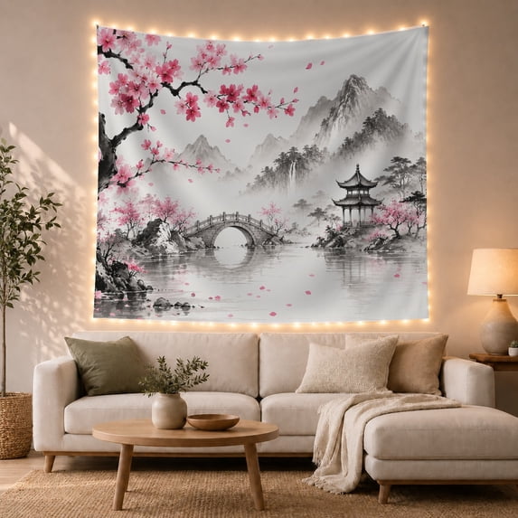 Cherry Blossom Pagoda With Stone Bridge Over Misty Lake Serene Japanese Inspired for Art Lovers Asian Landscape Wall Art Housewarming Gift Tapestry Wall Hanging for Living Room and Bedroom