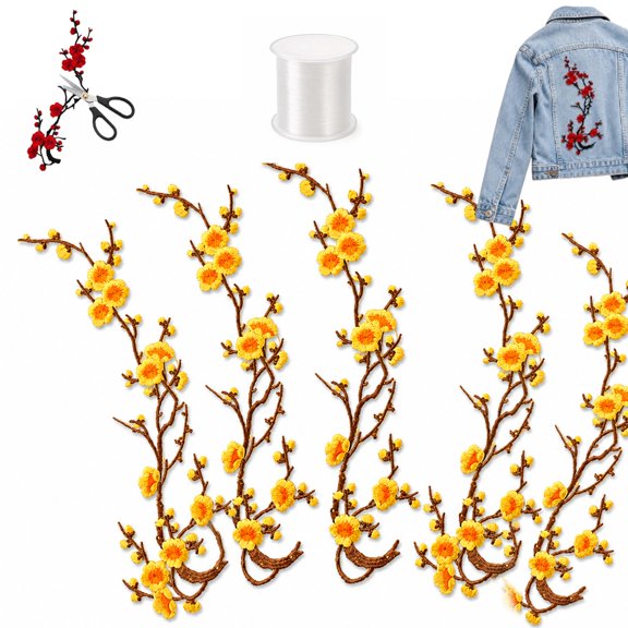 Cherry Blossom Patch, Cherry Blossom Patches Iron On, for Hats, T-Shirts, Dresses, Cushions and Backpacks, Can be Freely Cut, with Transparent Lines, 5 Pcs,#j