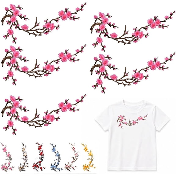 Cherry Blossom Patch, Embroidery Flower Iron on Patches for Backpack | Embroidered Applique DIY Floral SewOn Repair Decoration Garment Crafts Branches Patch Decorative(Pink)