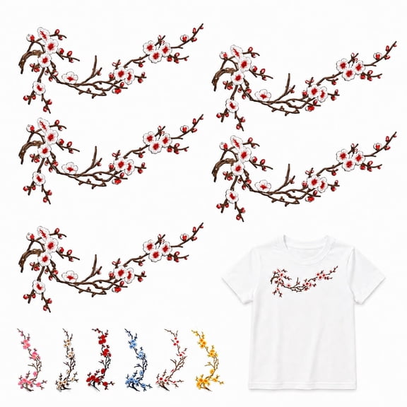 Cherry Blossom Patch, Embroidery Flower Iron on Patches for Backpack | Embroidered Applique DIY Floral SewOn Repair Decoration Garment Crafts Branches Patch Decorative