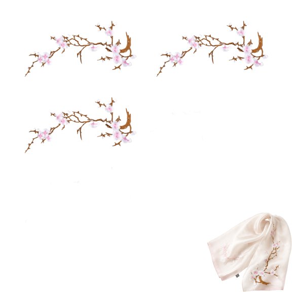 Cherry Blossom Patches, Embroidered Floral Applique, Iron-on Flower Branch Patches for DIY Clothing Repair and Craft Decoration,3pcs