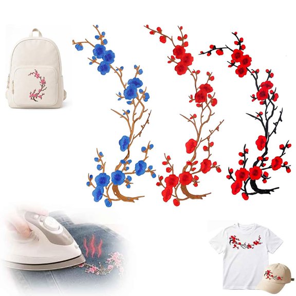 Cherry Blossom Patches, Embroidered Floral Appliques for Clothes & Bags