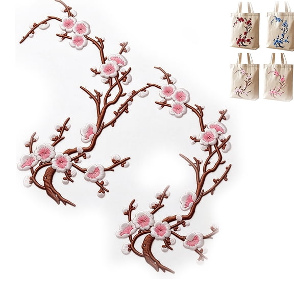 Cherry Blossom Patches, Embroidered Iron On or Sew On Flower Applique with Branch Design for Backpack, Jacket, Tote Bag, Dress and DIY Decoration