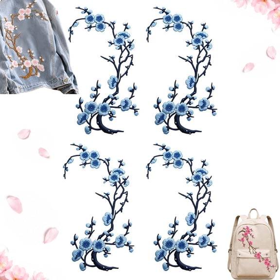 Cherry Blossom Patches, Embroidered Iron On or Sew On Flower Applique with Branch Design for Jackets Jeans Backpacks