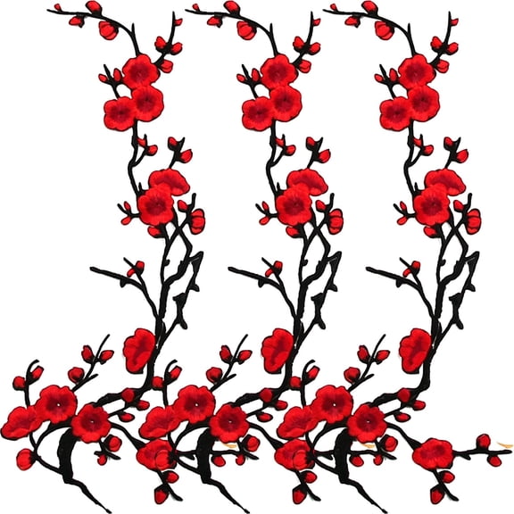 Cherry Blossom Patches, Long Cherry Blossom Iron on Patch for DIY (3pcs-Pink) | Vintage Sakura Patches, Embroidery Flower Iron on Patches