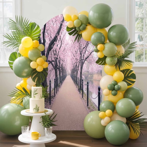 Cherry Blossom Path Arch Backdrop Cover, 5FT, Spring Dreamy Pink Flower Park Alley Spandex Arch Covers Double-Sided Backdrop for Wedding Birthday Party Photo Background Decoration