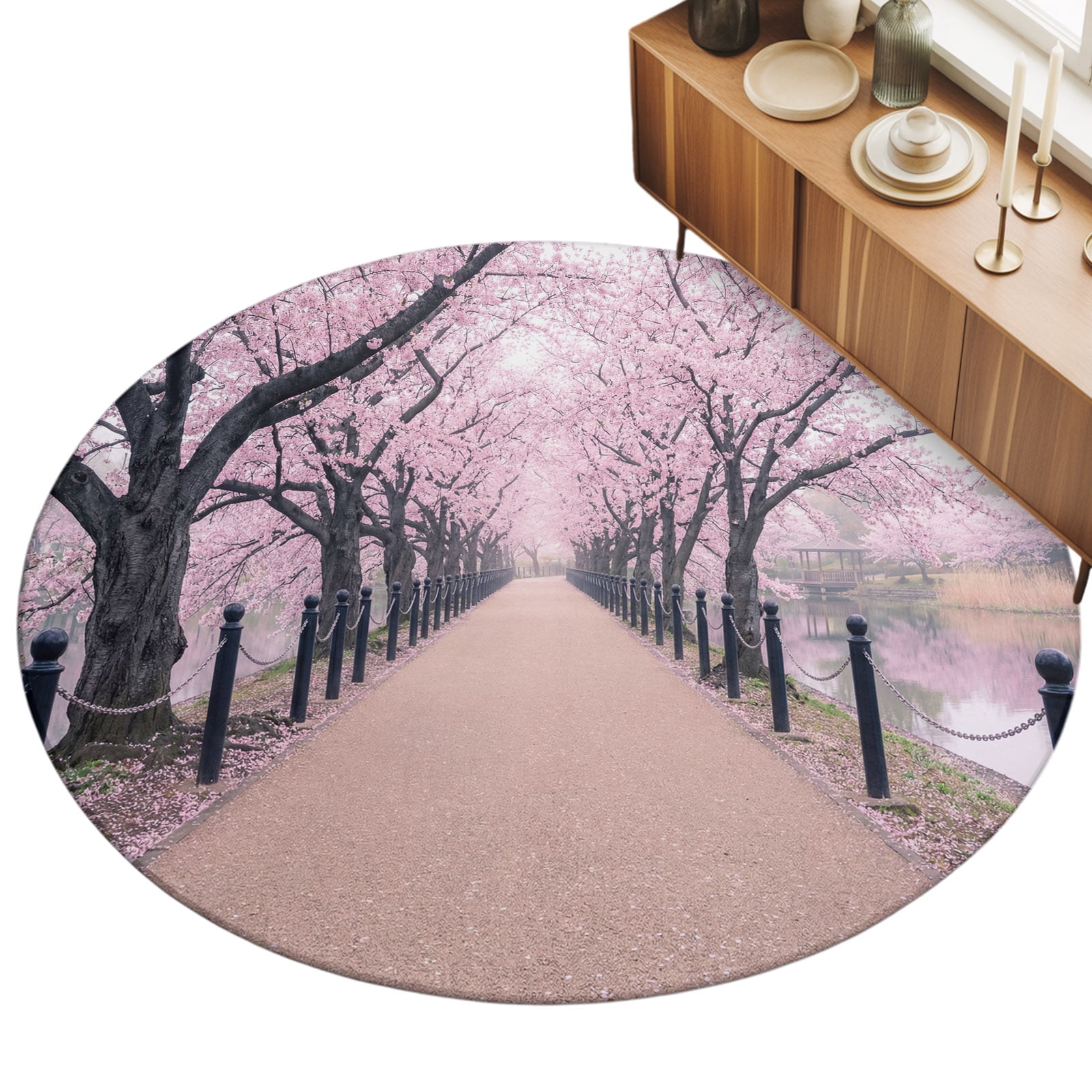 Dreamy Area Rug Cherry Blossom Path Area Rugs 5' (Round) Spring Dreamy Pink Flower Park ...