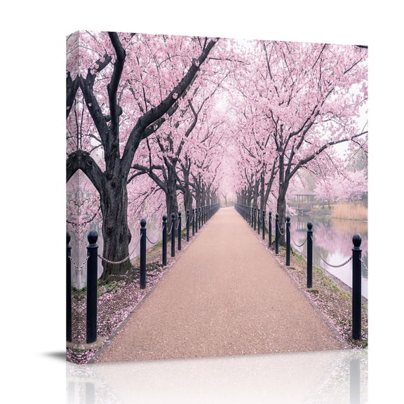 Cherry Blossom Path Canvas Wall Art for Living Room, Spring Dreamy Pink Flower Park Alley Poster Print Painting for Bedroom Office Home Decoration Wall Pictures Prepare To Hang 8"x8"