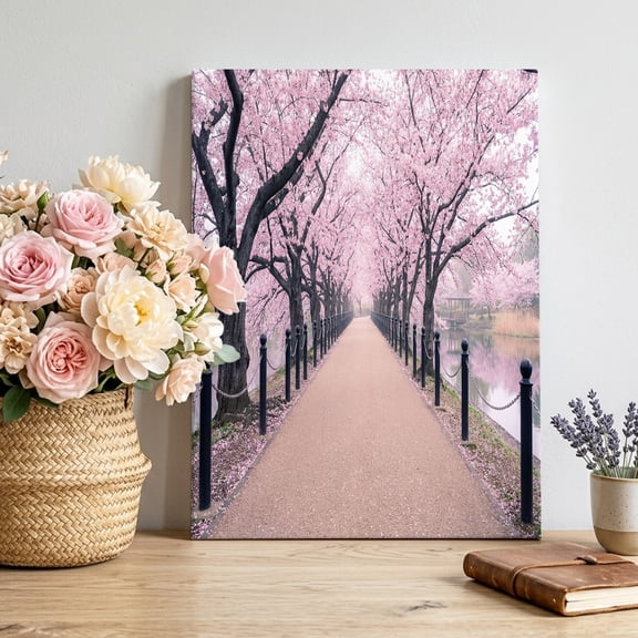 Cherry Blossom Path Canvas Wall Art, Spring Dreamy Pink Flower Park Alley Pictures Wall Decor Wooden Framed Artwork Art Prints for Living Room Hallway Bedroom Office 24"x36"