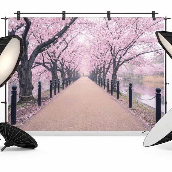 Cherry Blossom Path Photography Backdrop 7x5FT, Spring Dreamy Pink Flower Park Alley Photo Backdrops, Background for Photography Studio Photo Studio Background, Back Drop for Photoshoot