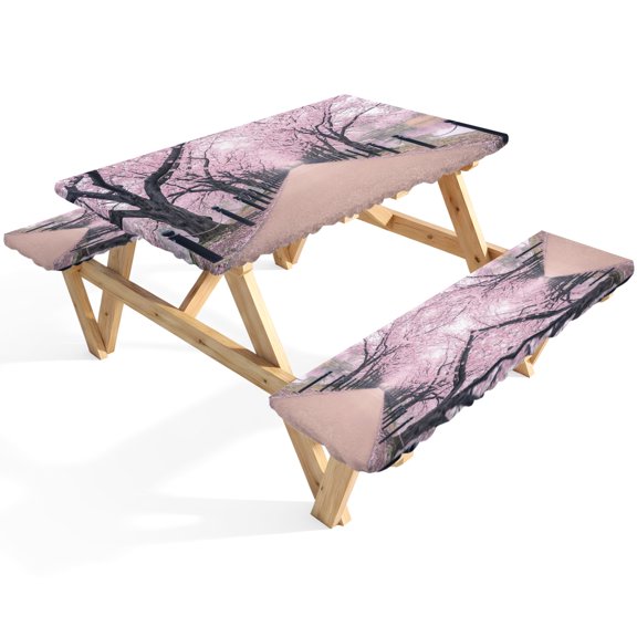 Cherry Blossom Path Picnic Table Cover with Bench Covers Spring Dreamy Pink Flower Park Alley Waterproof Fitted Picnic Tablecloth 3 Pieces Set Table Cloth for Outdoor Camping Garden BBQ
