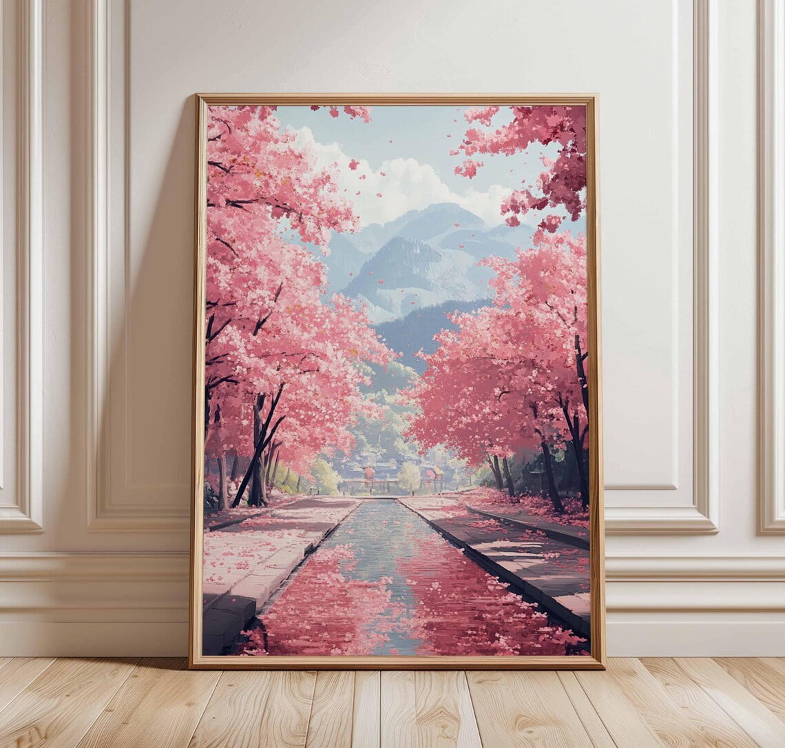 Cherry Blossom Path Poster Pink Floral Landscape Serene Nature Art ...