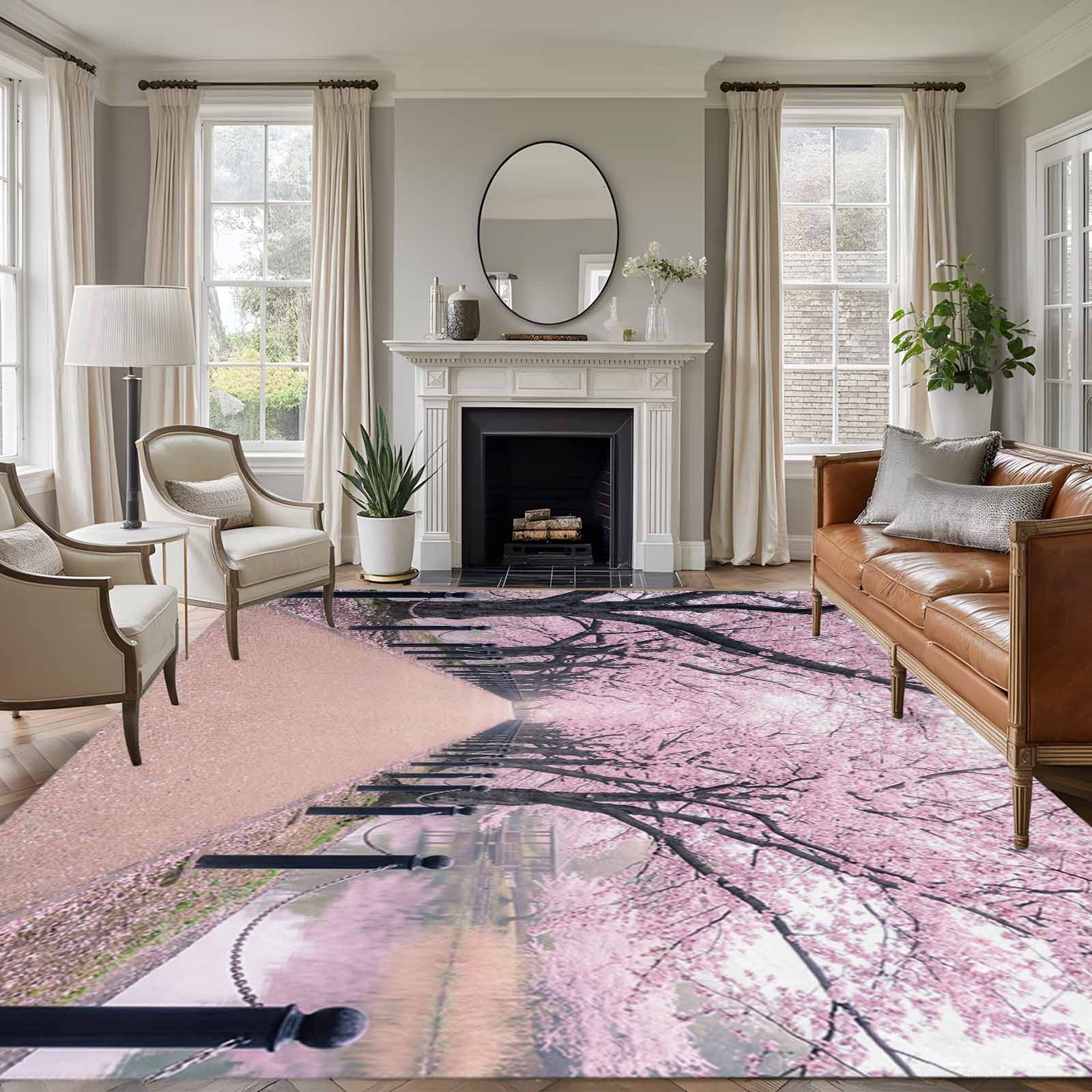 Dreamy Area Rug Cherry Blossom Path Washable Area Rug 5 x 7 ft Spring Dreamy Pink ...