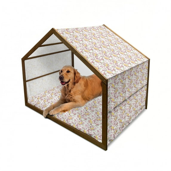 Cherry Blossom Pet House, Spring Concept Sparrow on Freshly Blooming Sakura Branches, Outdoor & Indoor Portable Dog Kennel with Pillow and Cover, 5 Sizes, Dried Rose Yellow, by Ambesonne