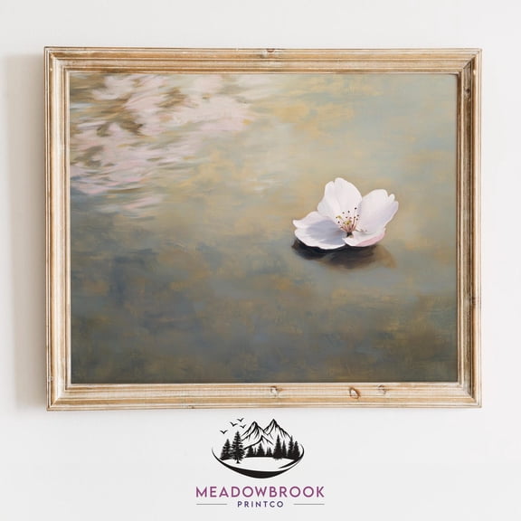 Cherry Blossom Petal Floating On Water - Spring Printable, Romantic Floral Painting, Cottagecore Easter Wall Art, Soft Nature Decor 1086, Stretched Canvas Size 8x12