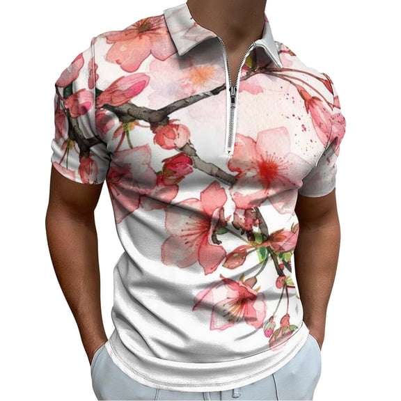 Cherry Blossom Pink (4) Men Zipper T-shirt Summer Casual Short Sleeve T-shirt Top