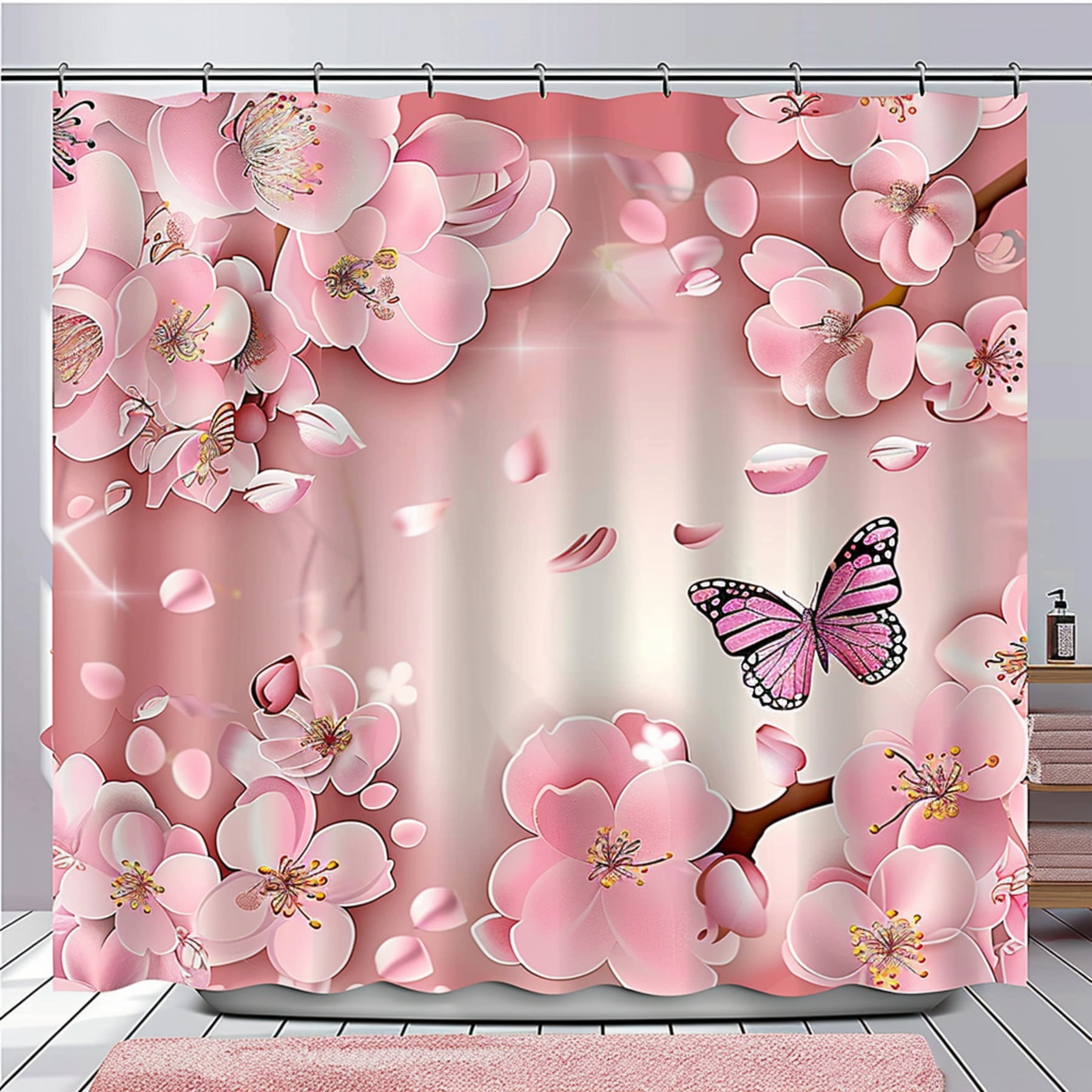 Cherry Blossom Pink Butterfly Bathroom Set Floral Pattern Design Shower Curtain Pink Background
