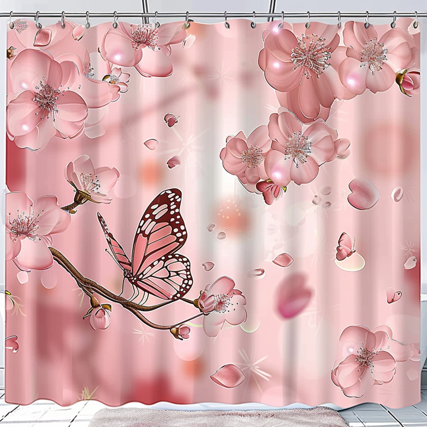 Cherry Blossom Pink Butterfly Bathroom Set with Floral Elements Shower Curtain Images Elegant