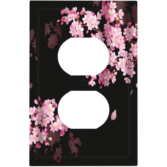Cherry Blossom Pink Floral Blooming Flower Spring 1 Gang Duplex Outlet Covers Light Switch Cover Wall Plate Decorative Black Aesthetic Electrical Receptacle Faceplate for Home Decor