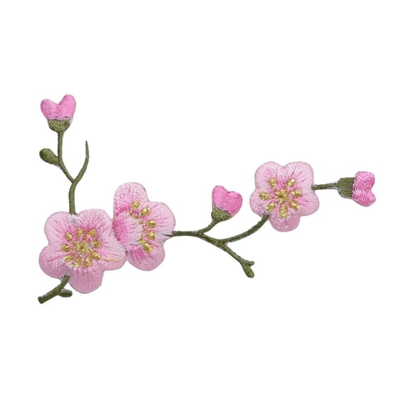 Cherry Blossom - Pink Flowers - Green Stem - RIGHT - Iron on Applique - Embroidered Patch