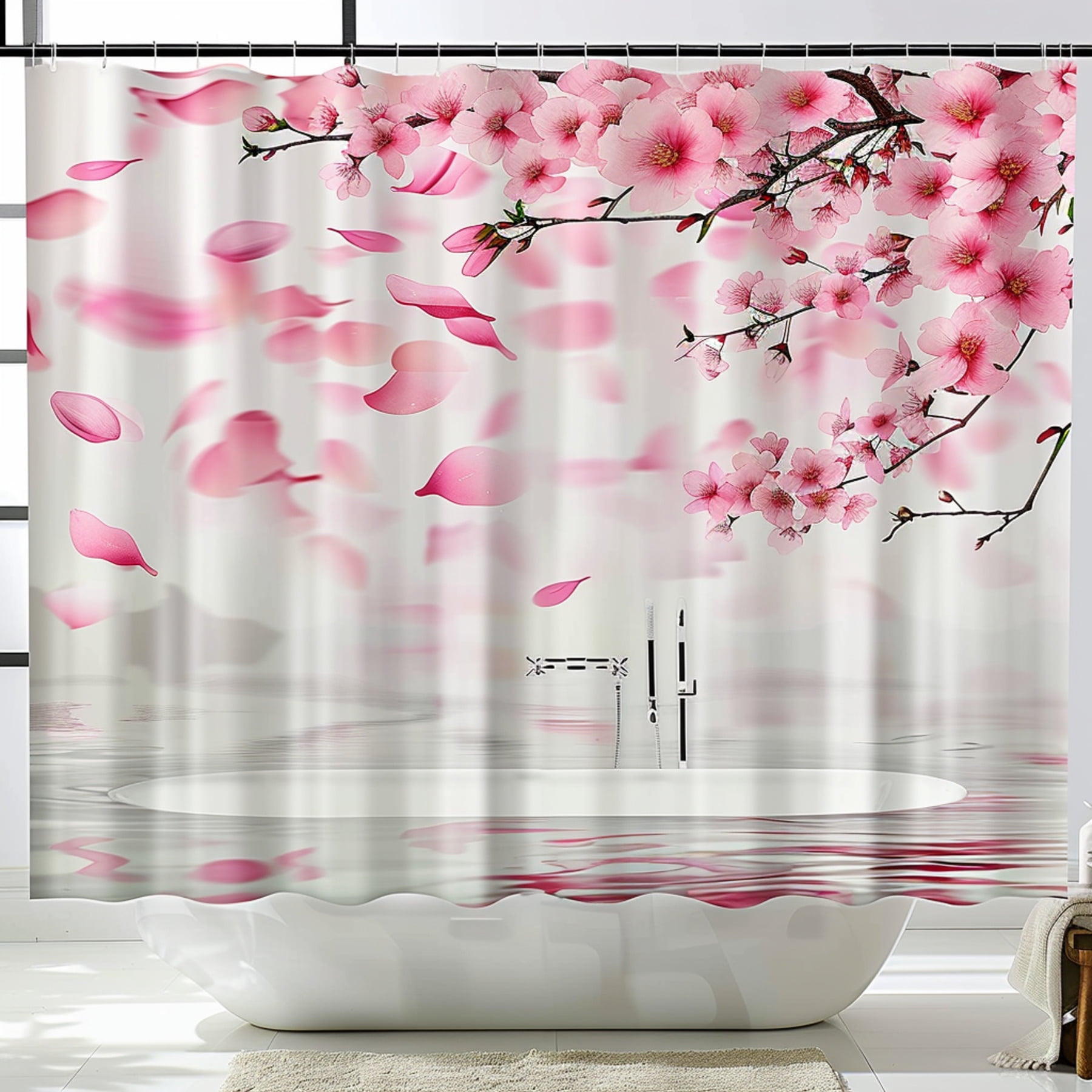 Cherry Blossom Pink Petals Shower Curtain Floral Design Water