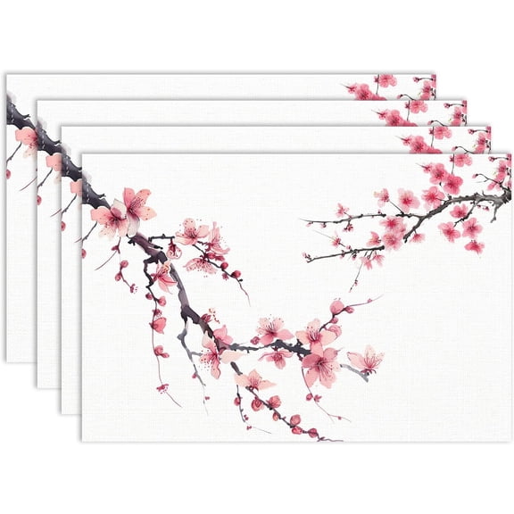 Cherry Blossom Placemat Set of 6, 12x18 Inch Pink Cherry Blossom Chinese Asian Art Coffee Table Mats for Indoor Outdoor Party Kitchen Dining Table Decoration
