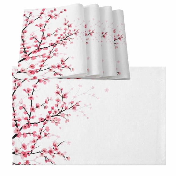 Cherry Blossom Placemats for Dinning Table Set of 4, Spring Pink Floral Branches Watercolor Burlap Kitchen Place Mats Waterproof Cloth Table Mats, Indoor Outdoor Placemats Easy Clean Dinner Decor