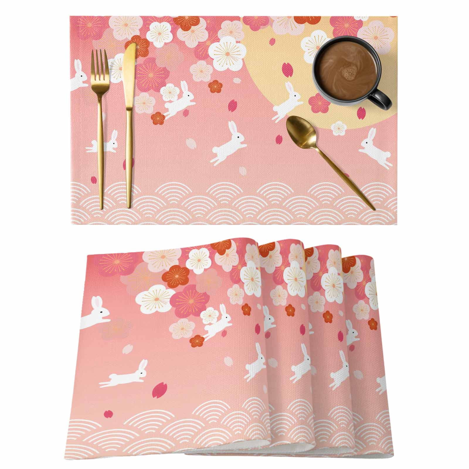 Cherry Blossom Placemats Set of 12, Japanese Style Rabbit Cute Wave ...